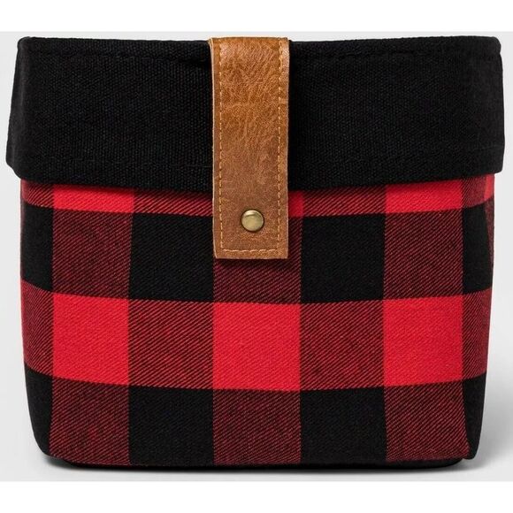 Square Canvas Storage Basket in Black/Red Buffalo Check, 6" H x 8" W - Picture 1 of 3